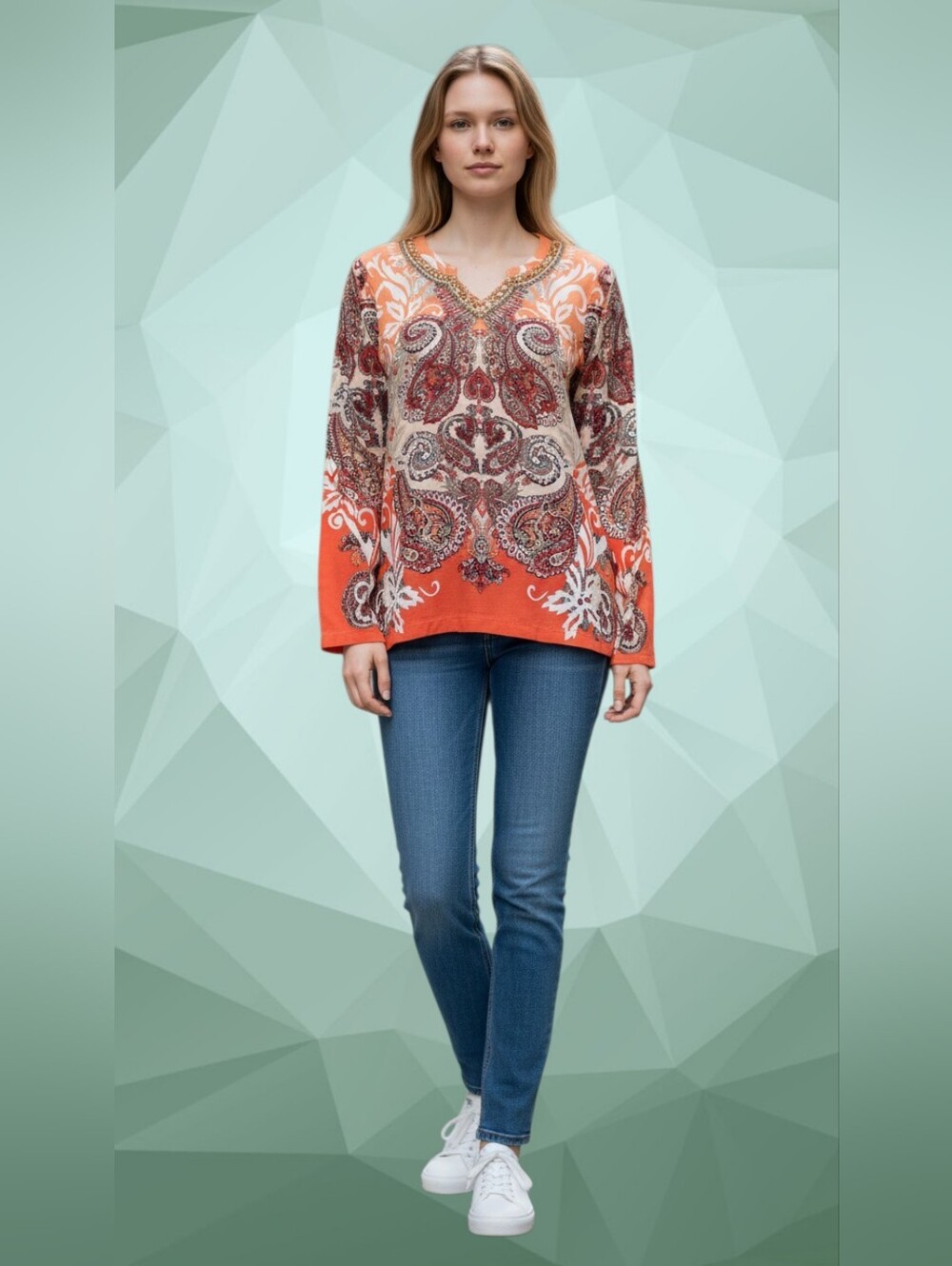 Chicos Paisley Print Top with Beaded Neckline Size 1